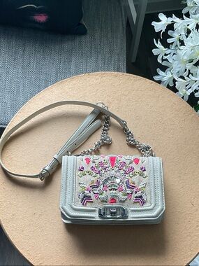 White Embroidered Crossbody Bag with Silver Chain